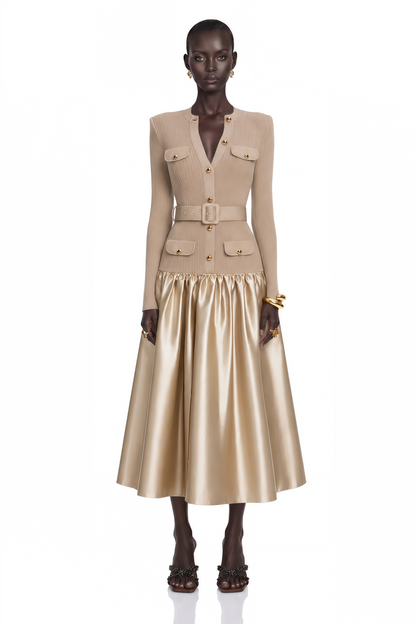 Fern Gold Satin Panel Knit Midi Dress