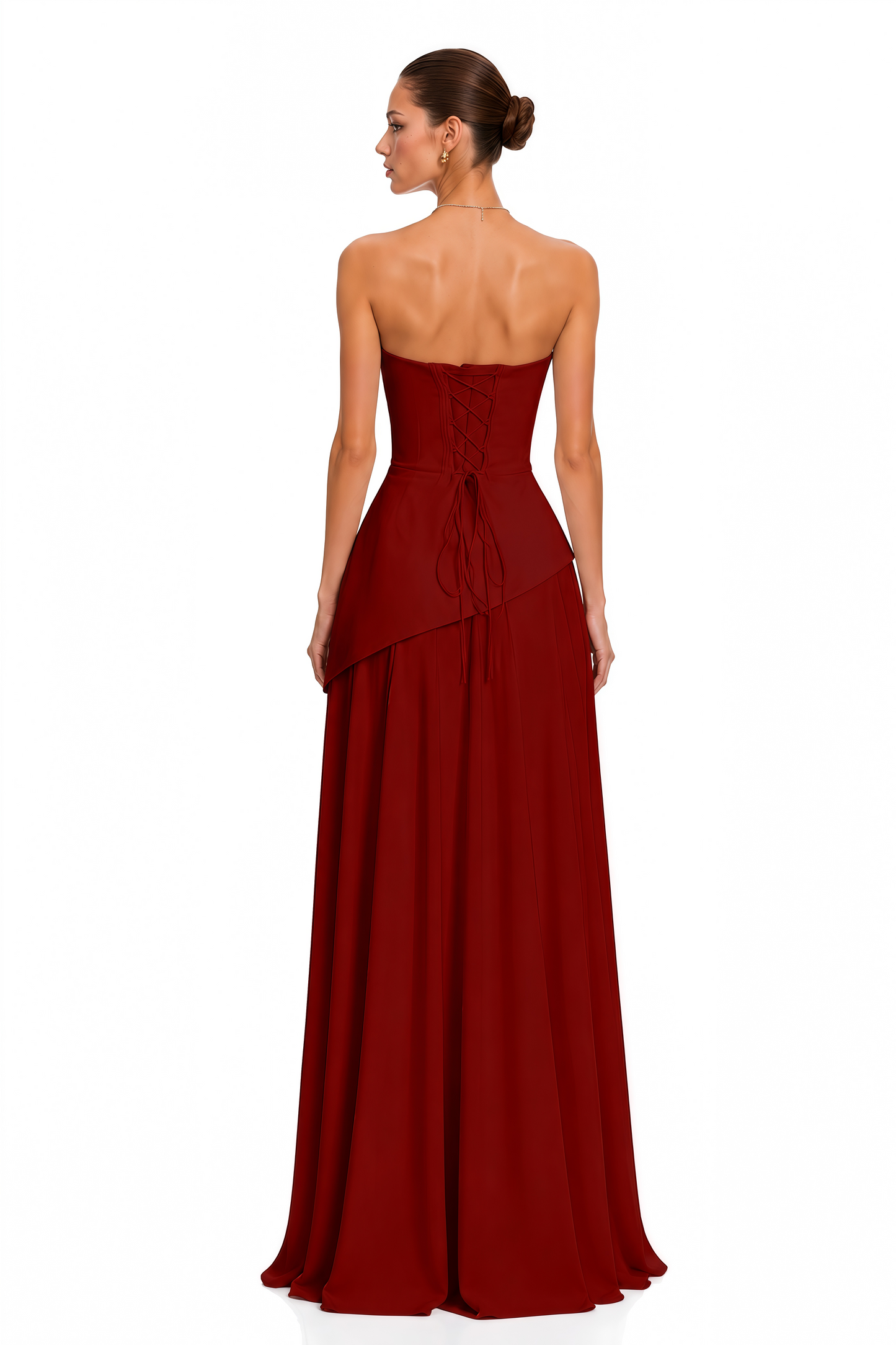 Romane Burgundy Strapless Corset Chiffon Maxi Dress