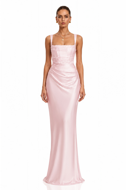 Inmaculada Pembe Dantelli Saten Uzun Elbise (Eldivensiz)
