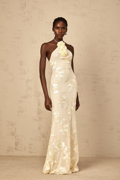 Melanie Neutrals Embroidered Halterneck Maxi Dress