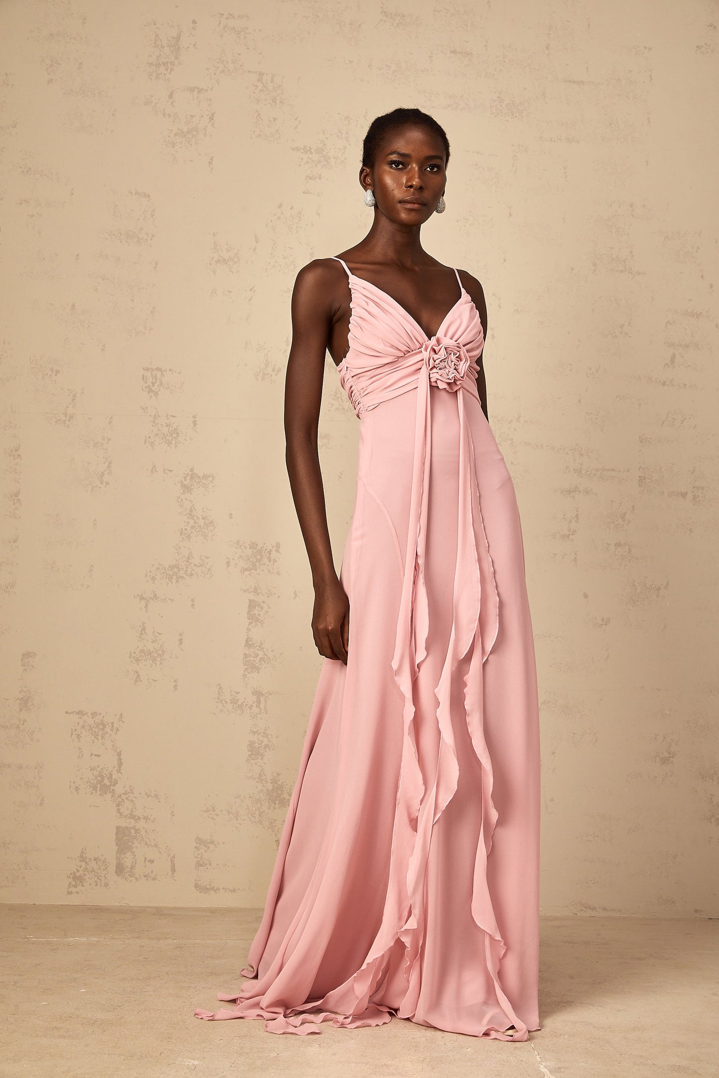 Ysandre Soft-Pembe 3D Petal Tül Uzun Elbise
