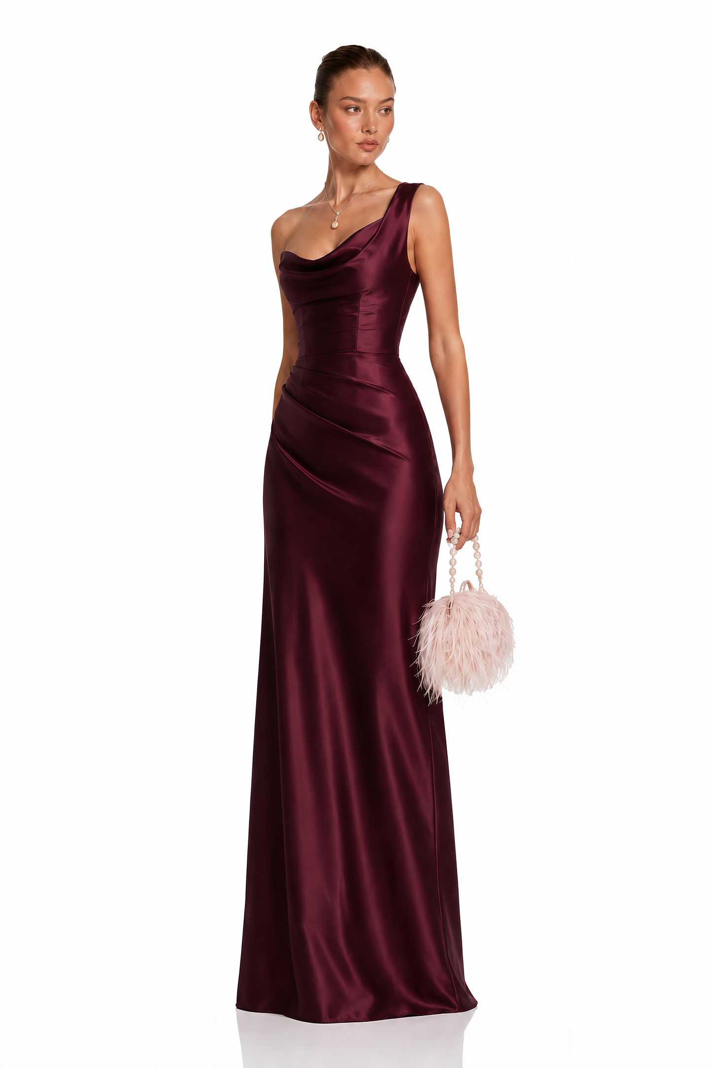 Hannah Burgundy One Shoulder Satin Maxi Dress