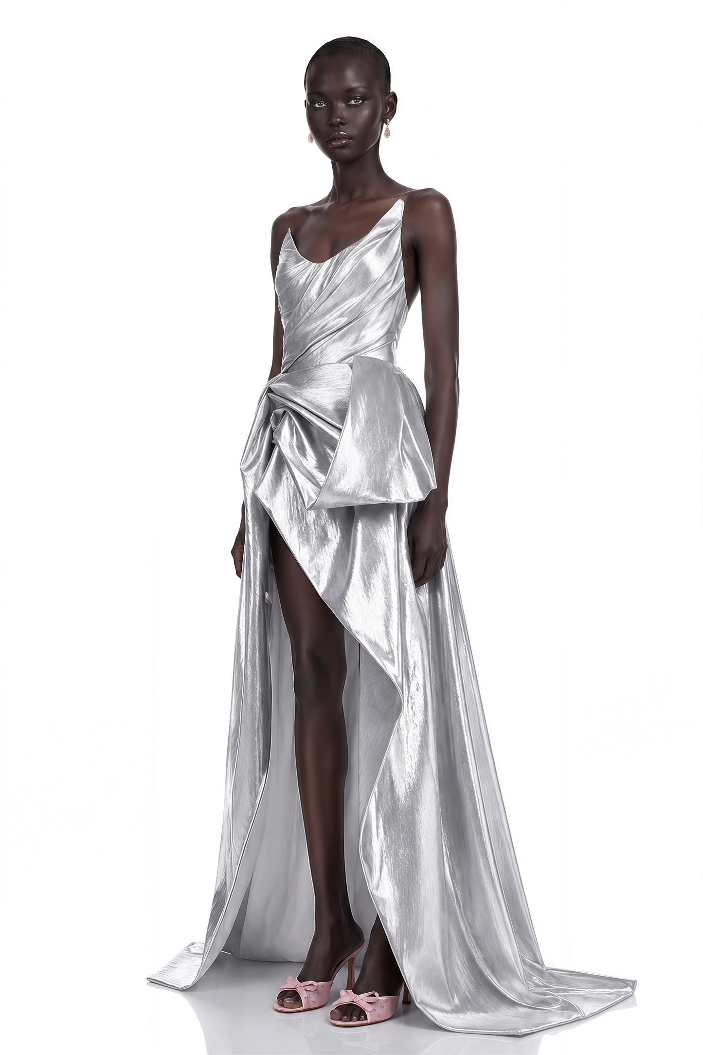 Adina Silver Glossy Asymmetrical Ruched Gown