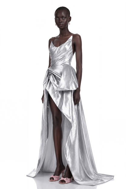 Adina Silver Glossy Asymmetrical Ruched Gown