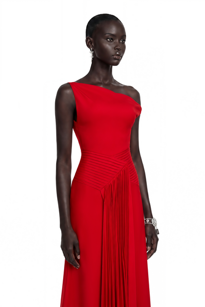 Laurine Asymmetrical Draped Midi Dress in Red
