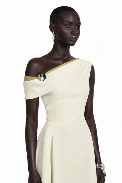 Blossom White One Shoulder Ruched Midi Dress
