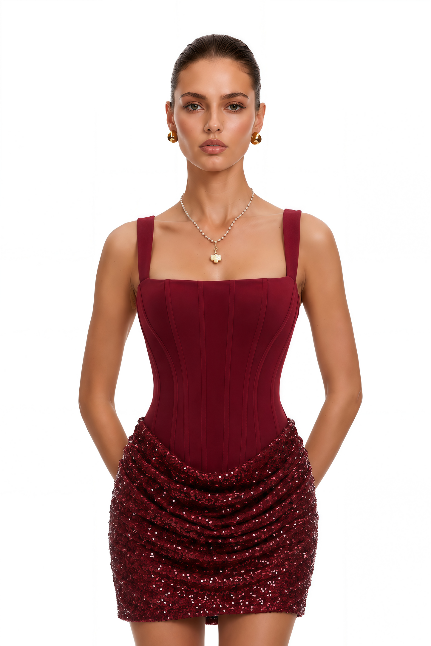 Paulette Red Embellished Ruched Bodycon Mini Dress