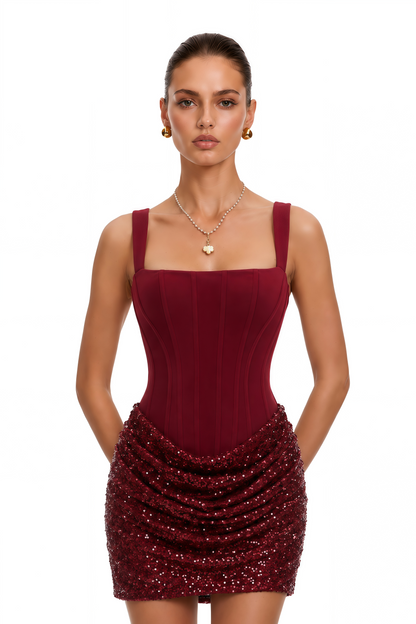 Paulette Red Embellished Ruched Bodycon Mini Dress