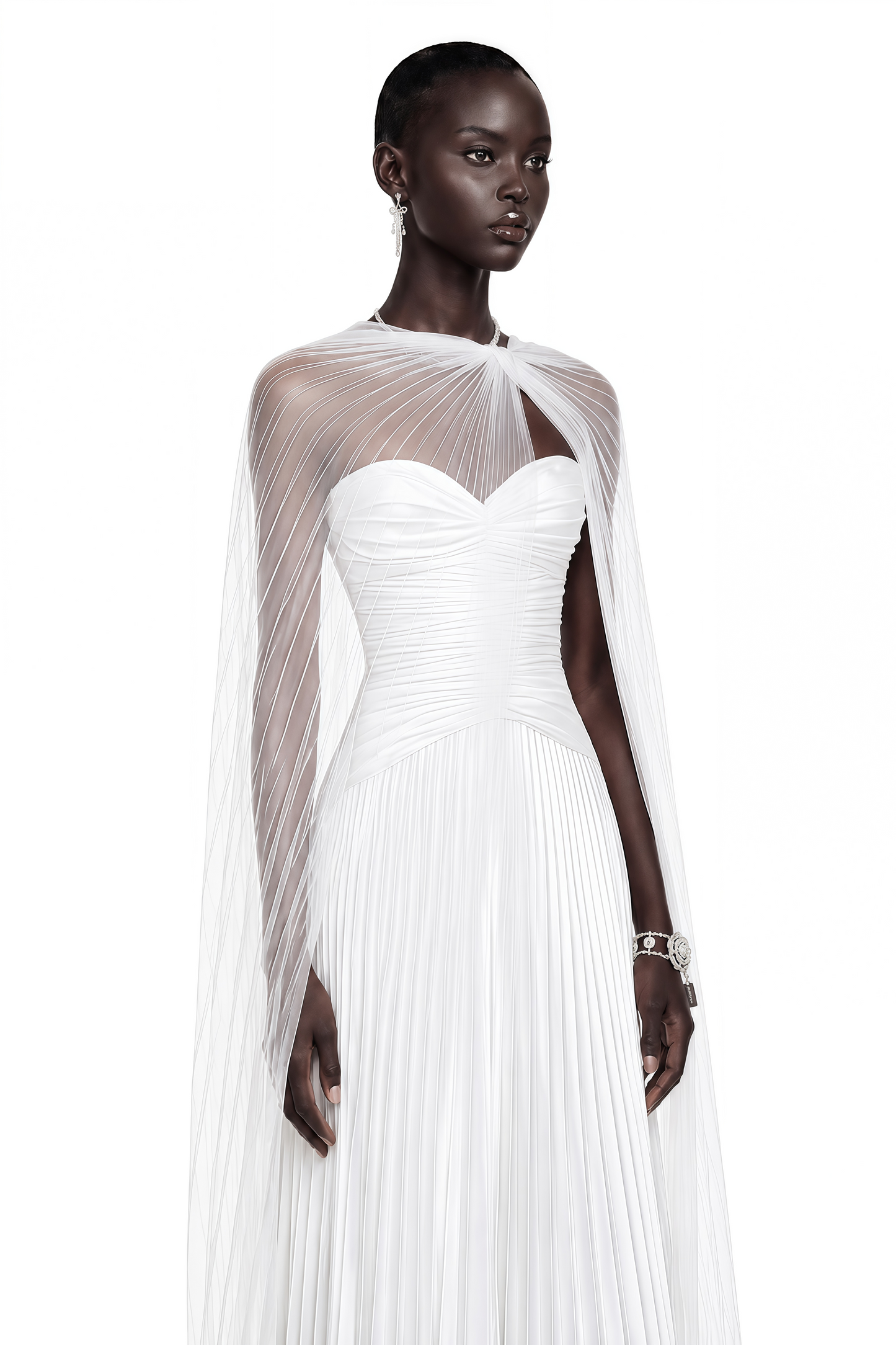 Palesa White Pleated Glossy Maxi Dress & Cape Set