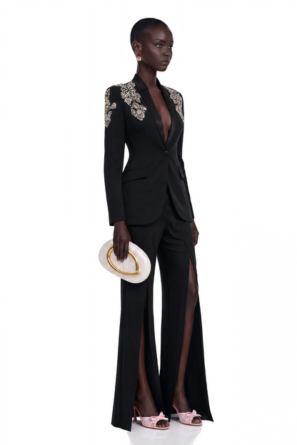 Delphine Black Embellished Jacket & Trousers Matching Set