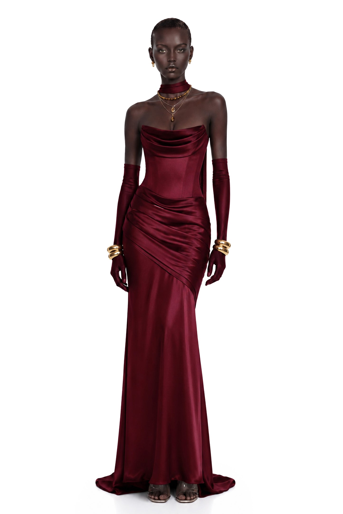 Marilou Burgundy Ruched Satin Maxi Dress