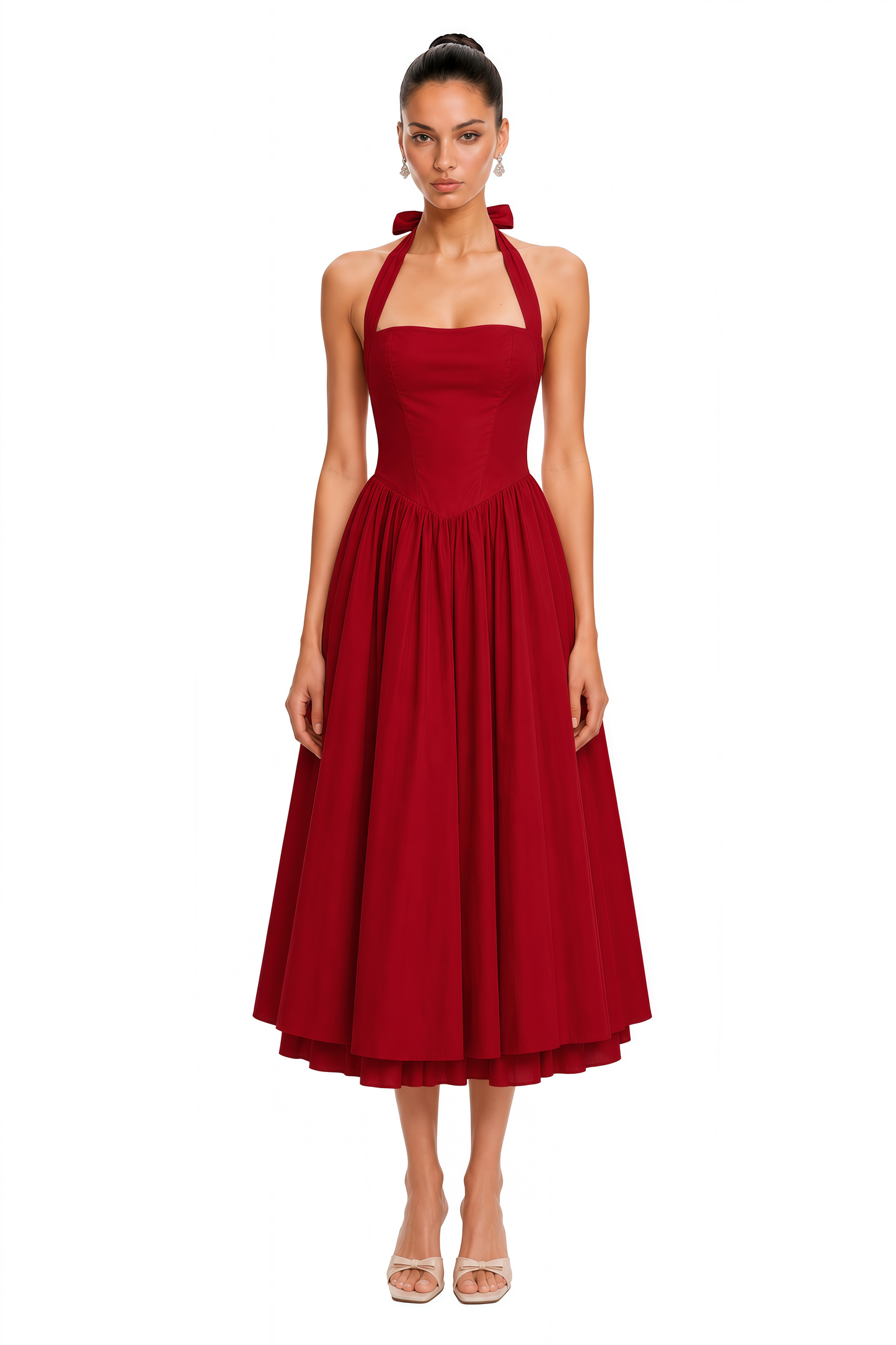 Eponine Red Layered Flared Hem Midi Dress