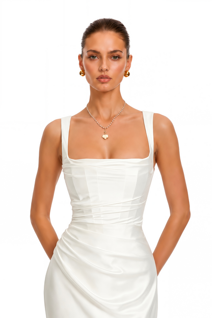 Inmaculada White Ruched Satin Maxi Dress (Without Gloves)