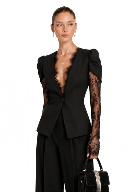 Safran Siyah Dantelli Yakasız Blazer