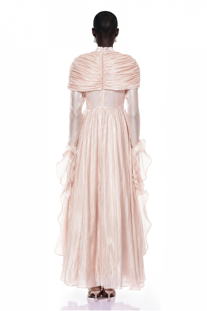Gustave Pink Ruched Cape Ruffled Maxi Dress