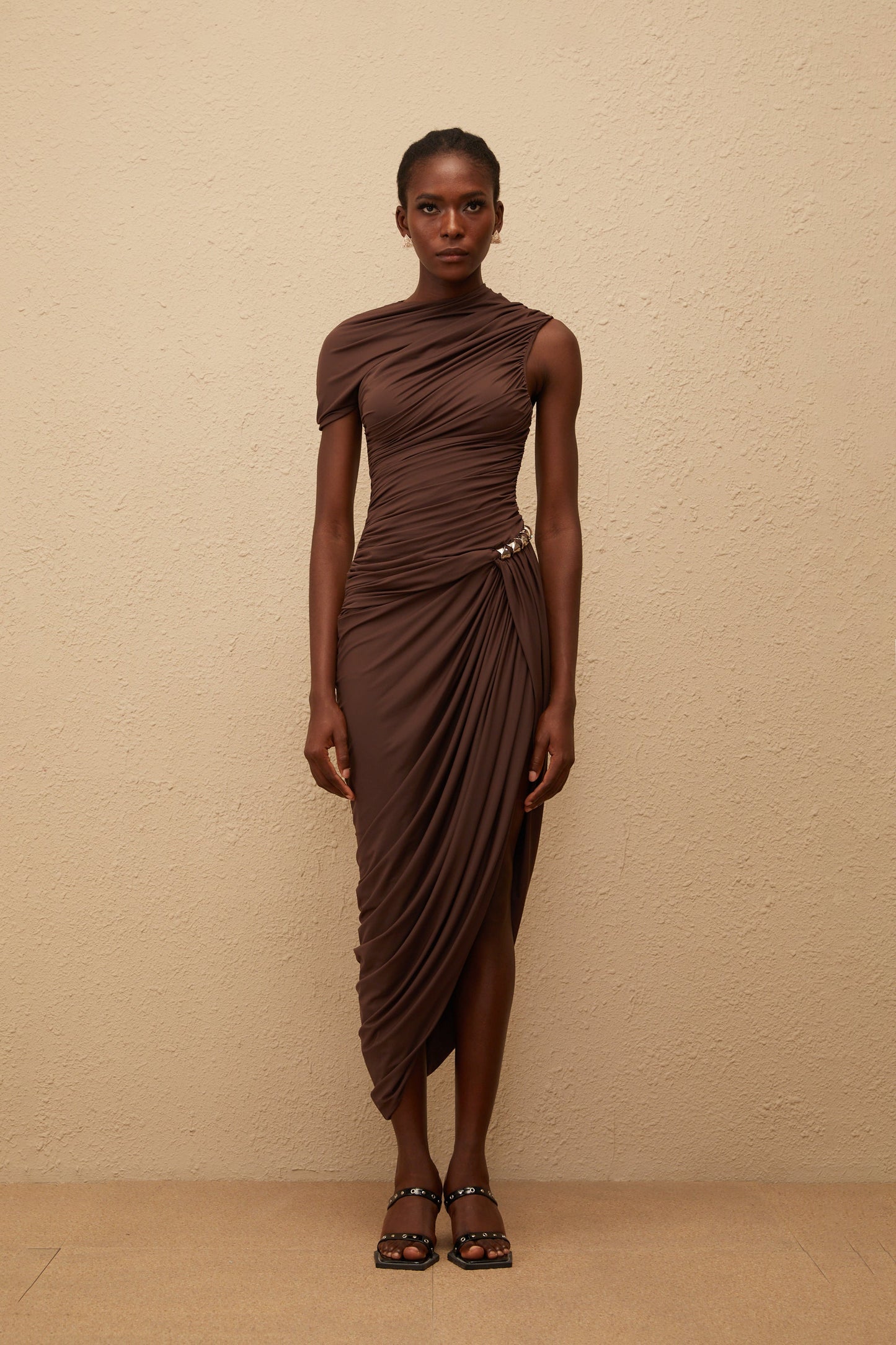 Prune Brown Night Out Asimetrik Dantelli Midi Elbise