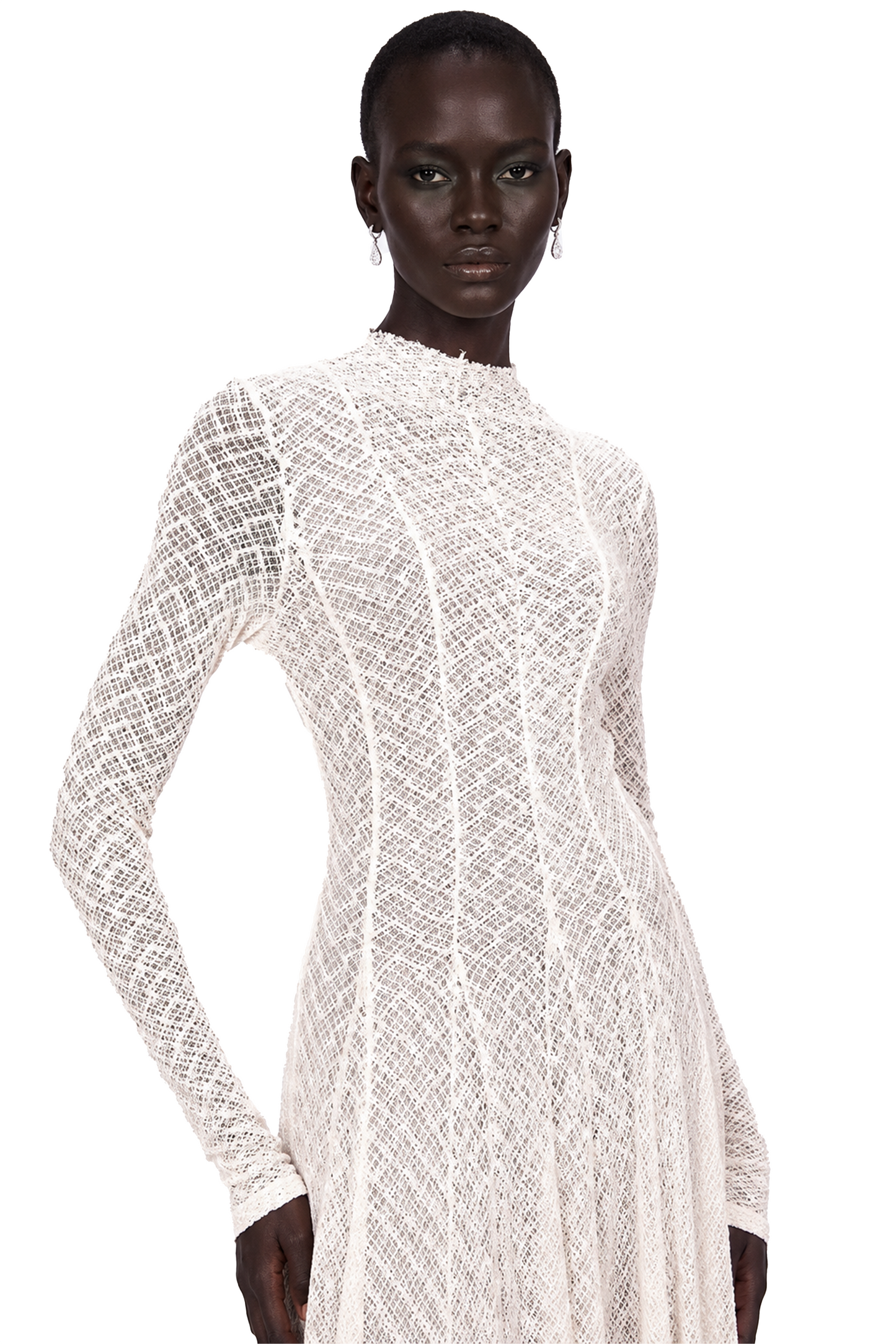 Athena Wavy-Pattern Lace Maxi Dress in White