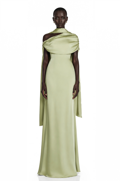 Benedetta Green One Shoulder Satin Maxi Dress