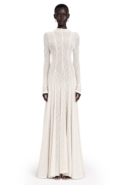 Athena Wavy-Pattern Lace Maxi Dress in White