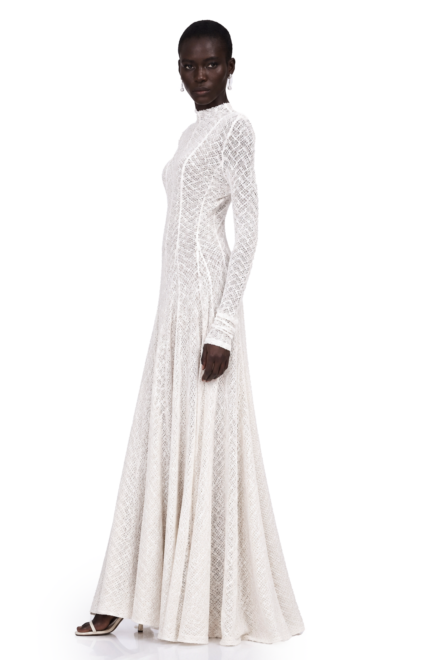 Athena Wavy-Pattern Lace Maxi Dress in White