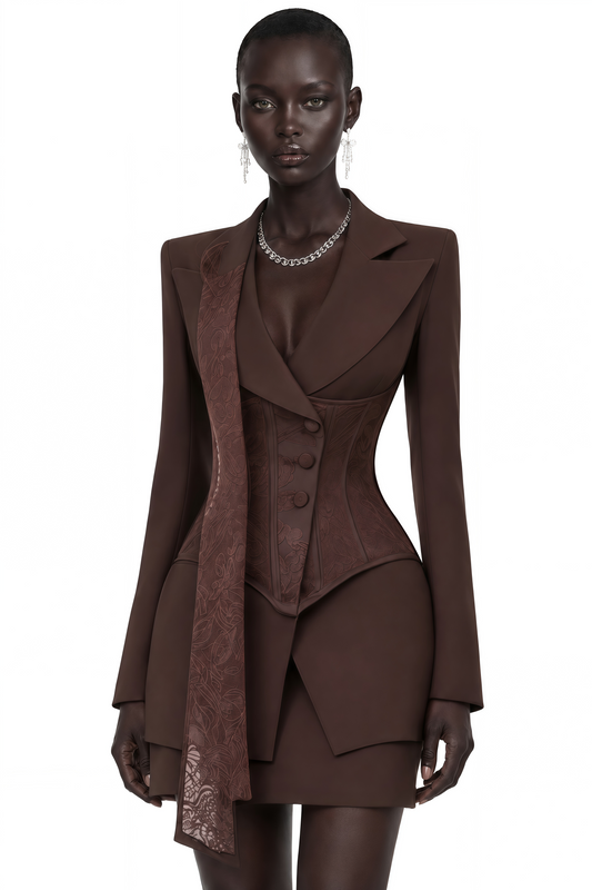 Sienna Brown Blazer & Skirt Set with Lace Panels