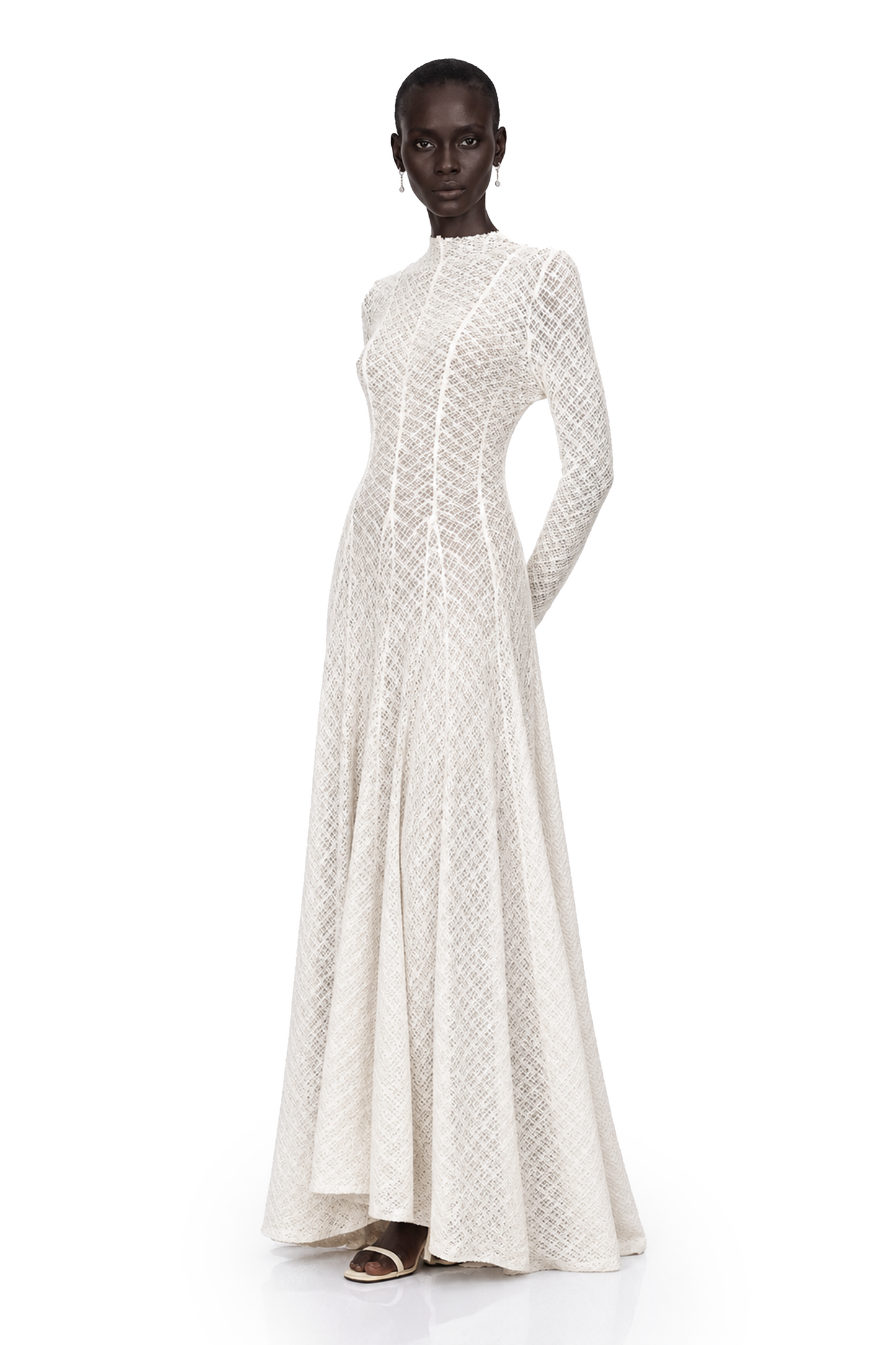 Athena Wavy-Pattern Lace Maxi Dress in White