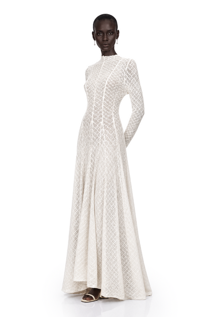 Athena Wavy-Pattern Lace Maxi Dress in White