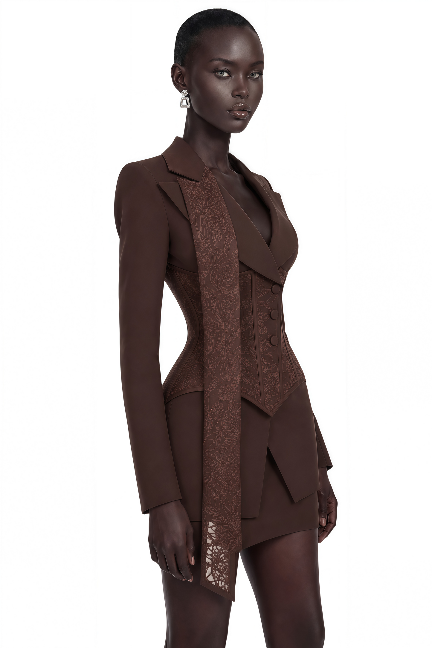 Sienna Brown Blazer & Skirt Set with Lace Panels