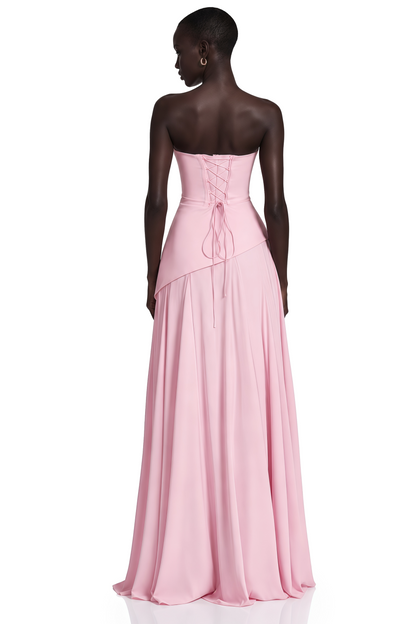 Romane Pink Strapless Corset Chiffon Maxi Dress