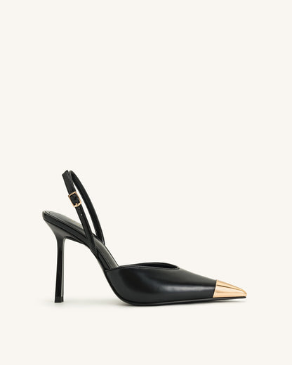 Savannah Altın Uçlu Detay Arkası Açık (Slingback) Topuklu Ayakkabı (Pumps) - Siyah