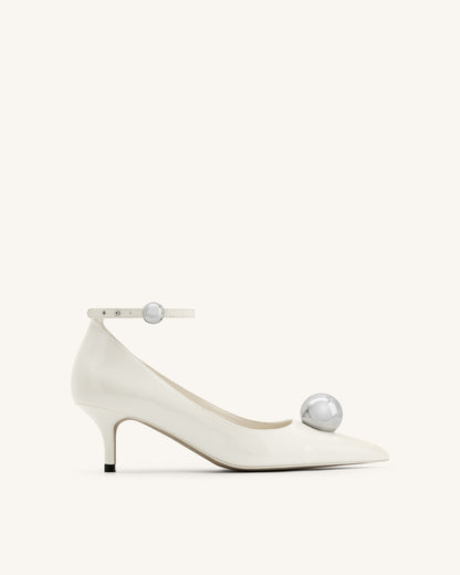 Taşlı Toka Detaylı İnce Alçak Topuk (Kitten Heel) Topuklu Ayakkabı Topuklu Ayakkabı (Pumps) - Beyaz