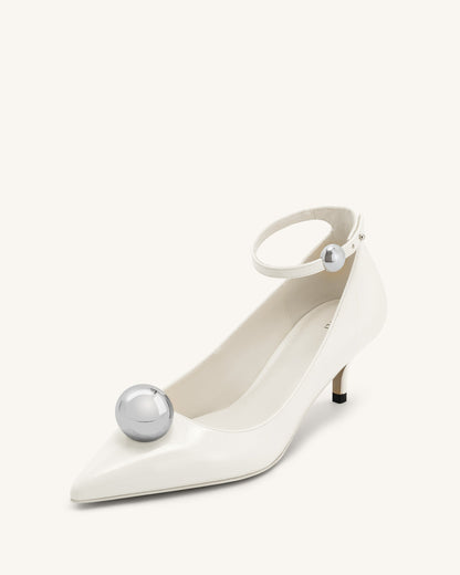 Taşlı Toka Detaylı İnce Alçak Topuk (Kitten Heel) Topuklu Ayakkabı Topuklu Ayakkabı (Pumps) - Beyaz