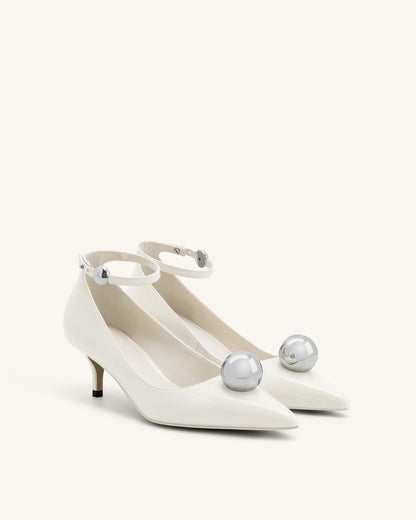 Taşlı Toka Detaylı İnce Alçak Topuk (Kitten Heel) Topuklu Ayakkabı Topuklu Ayakkabı (Pumps) - Beyaz