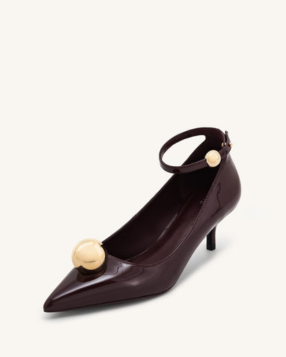 Taşlı Toka Detaylı İnce Alçak Topuk (Kitten Heel) Topuklu Ayakkabı Topuklu Ayakkabı (Pumps) - Bordo Kırmızı