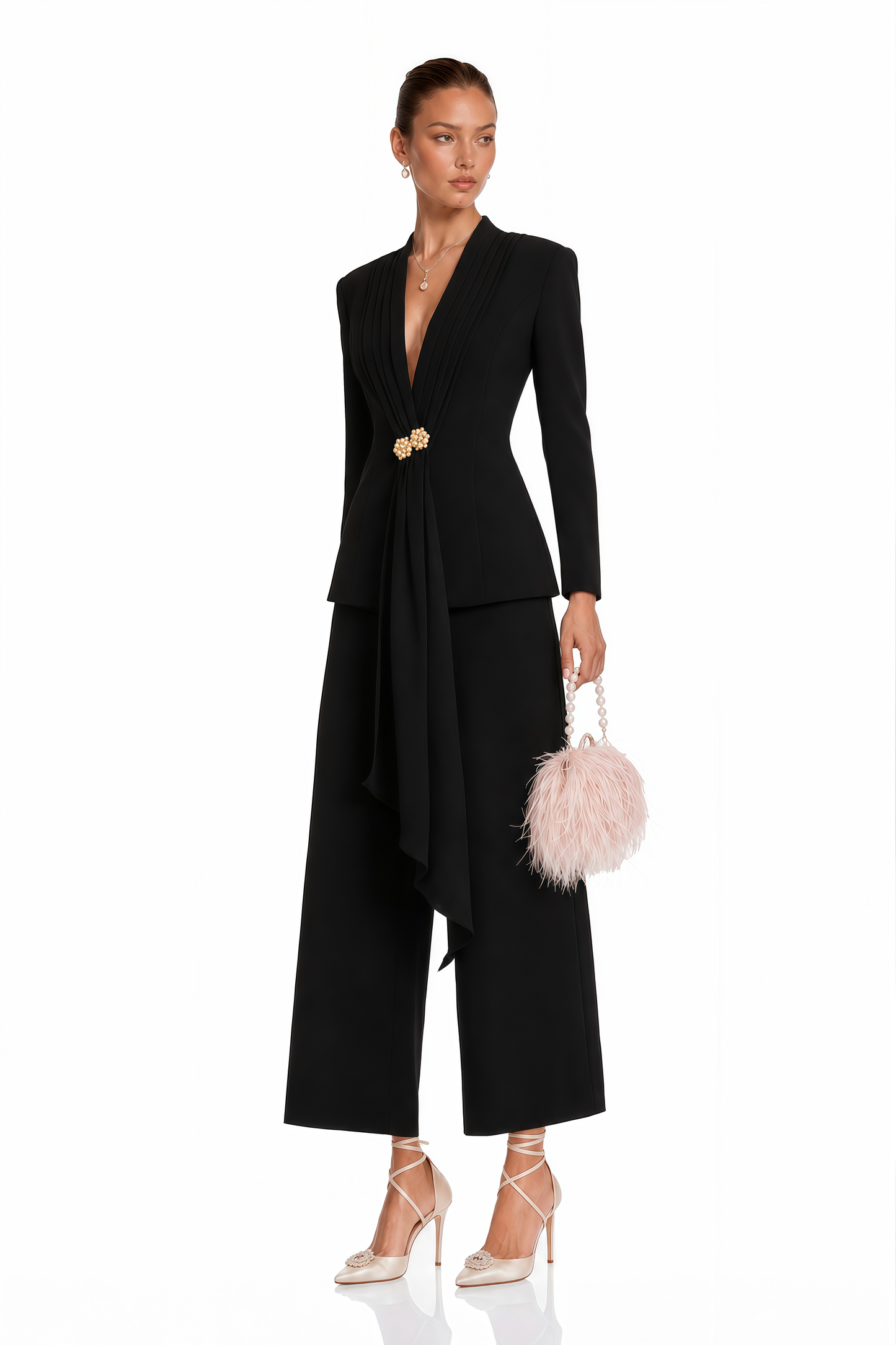 Suzanne Black Pleated Jacket & Trousers Matching Set