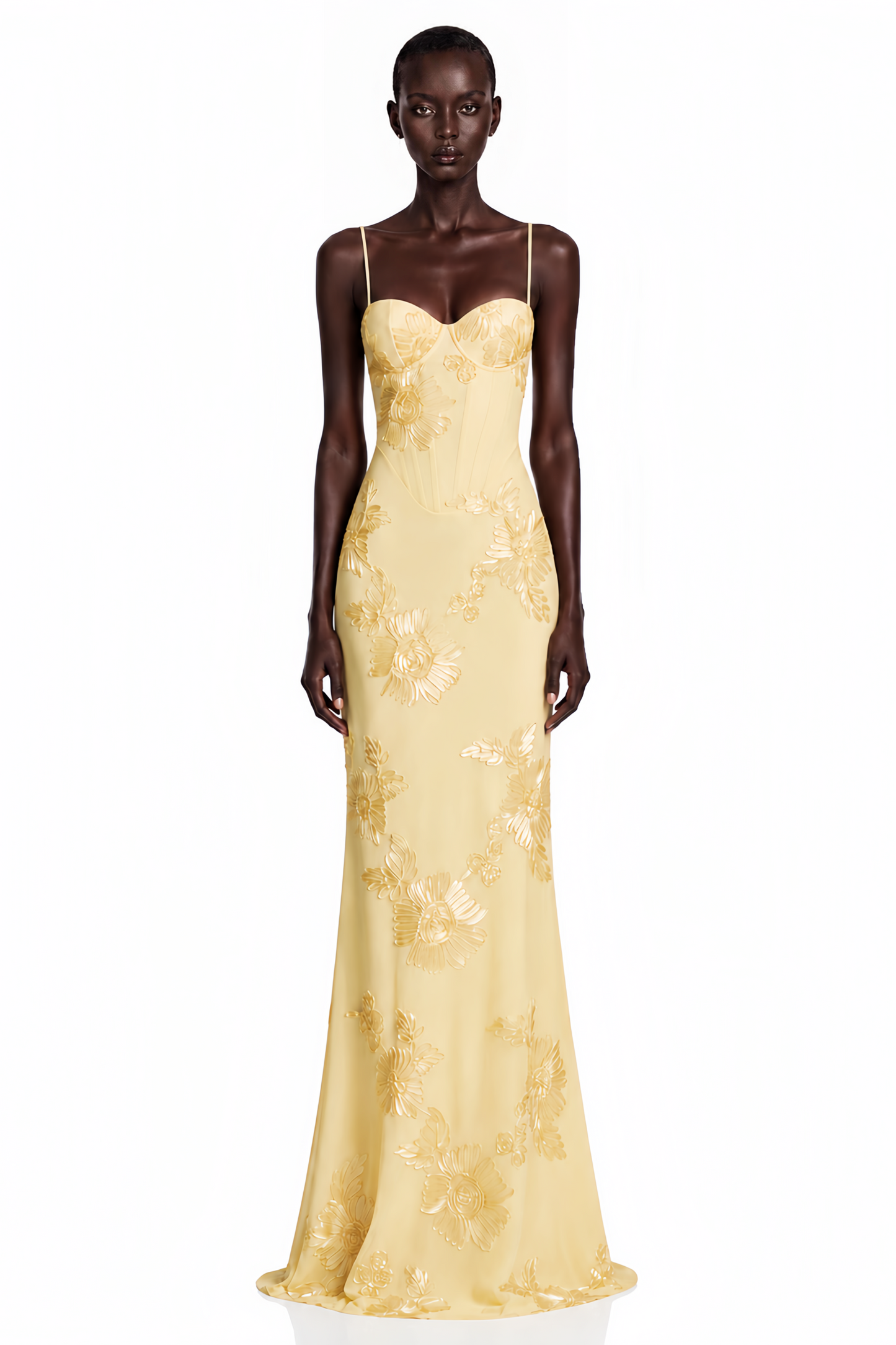 Théoline Yellow Floral Appliqué Corset Maxi Dress