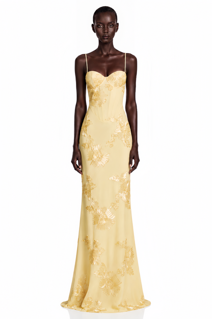 Théoline Yellow Floral Appliqué Corset Maxi Dress