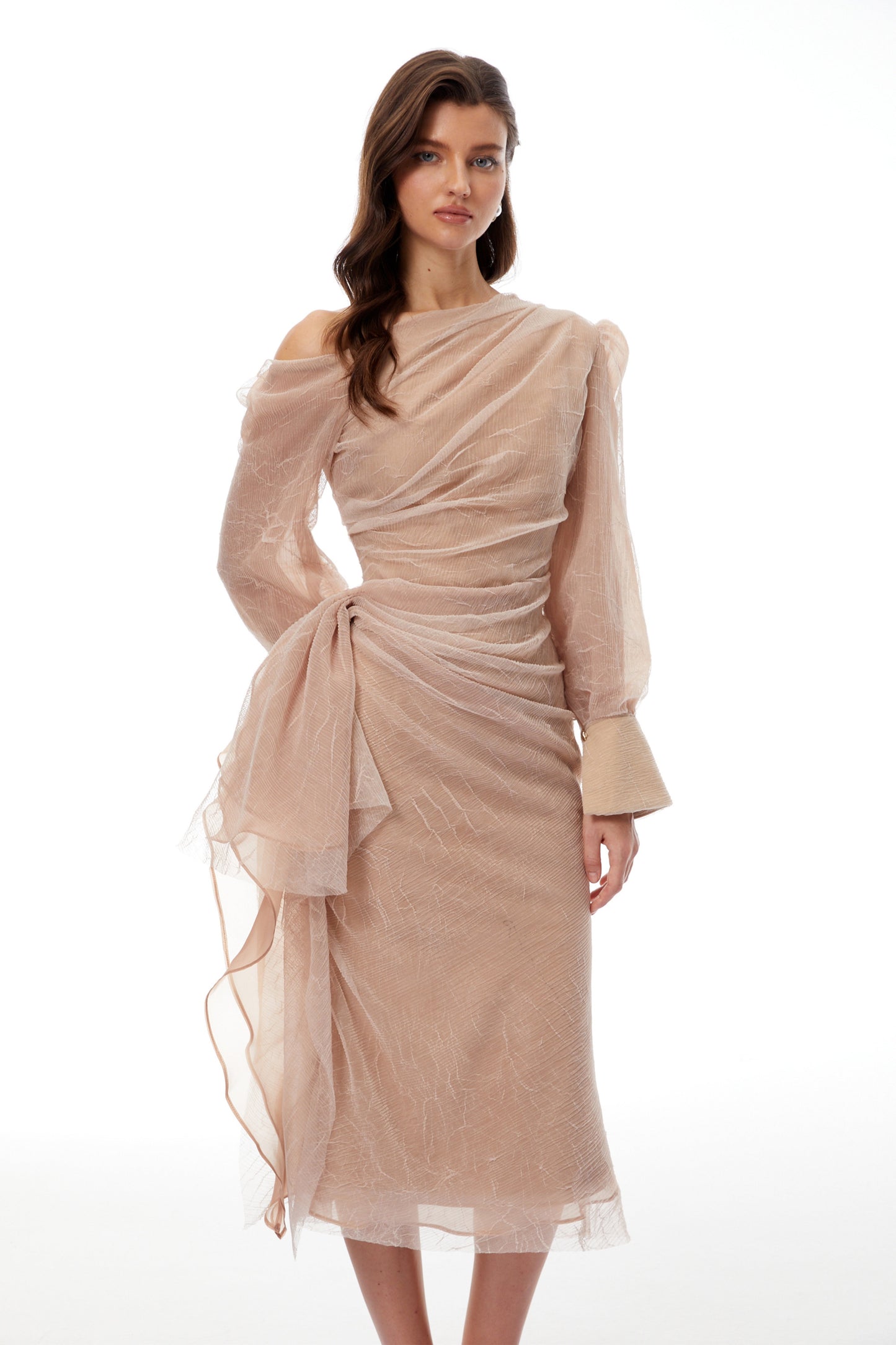 Pietro Khaki Asymmetrical Gathered Midi Dress