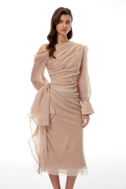 Pietro Khaki Asymmetrical Gathered Midi Dress
