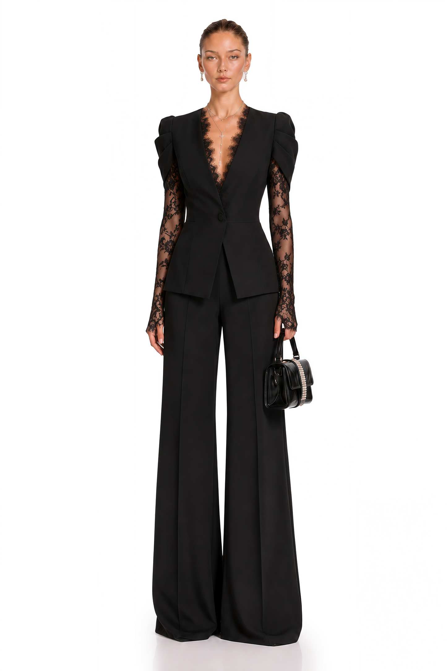 Saffron Black Collarless Blazer with Lace Trim