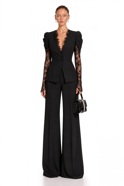 Saffron Black Collarless Blazer with Lace Trim