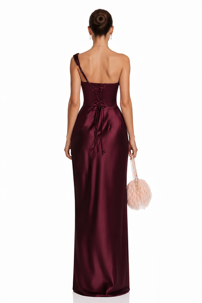 Hannah Burgundy One Shoulder Satin Maxi Dress