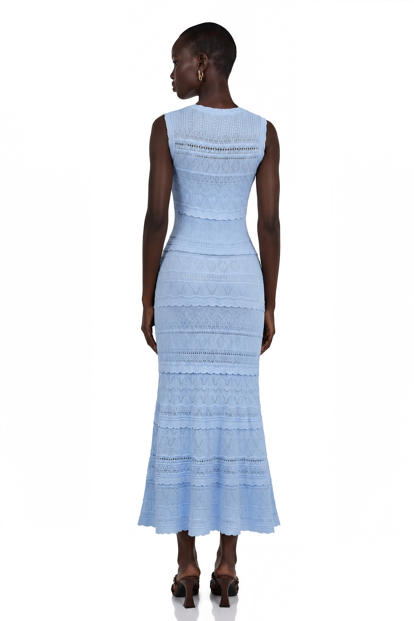 Mailys Blue Ruffled-Trim Crochet-Knit Midi Dress