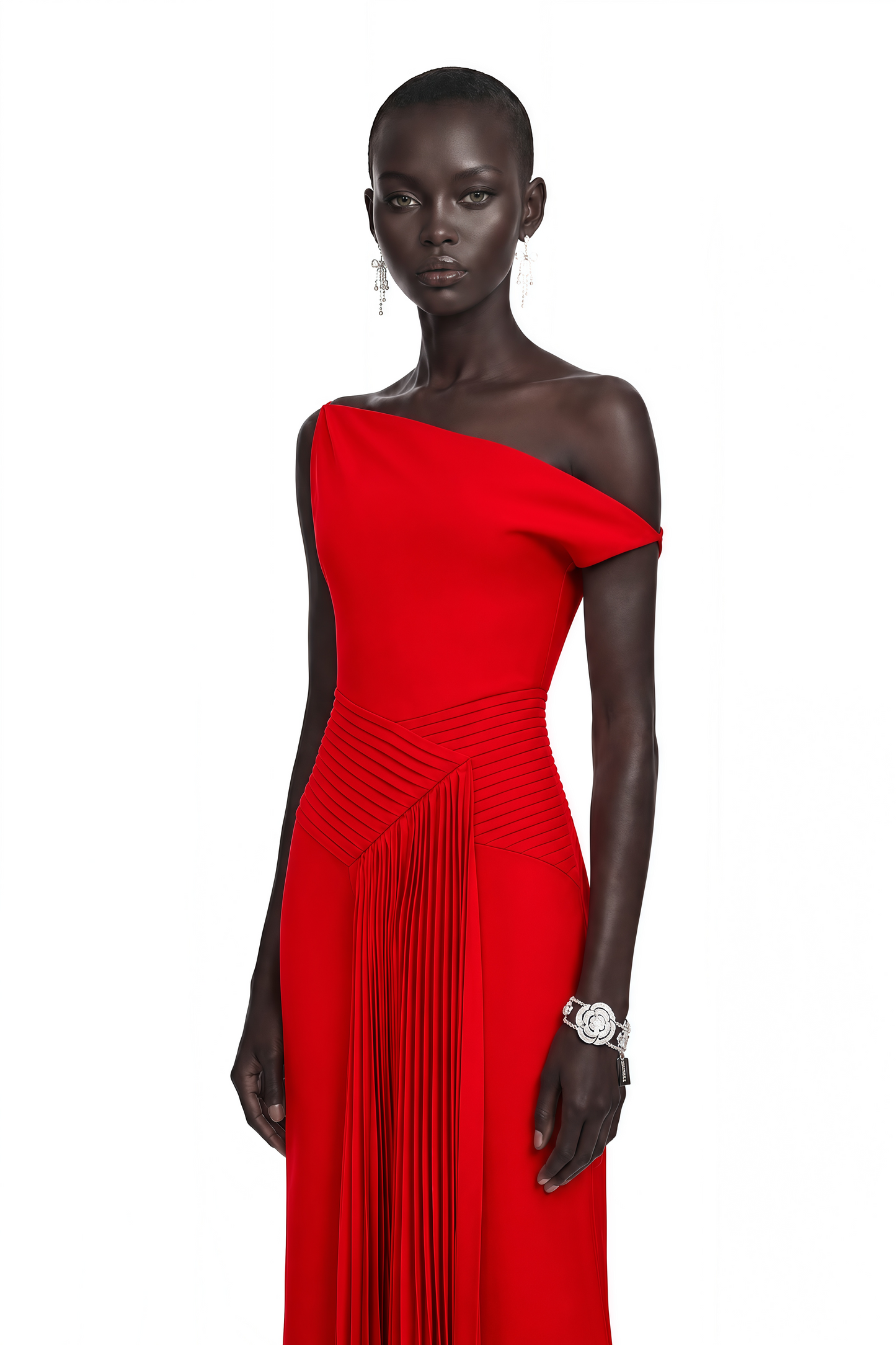 Laurine Asymmetrical Draped Midi Dress in Red