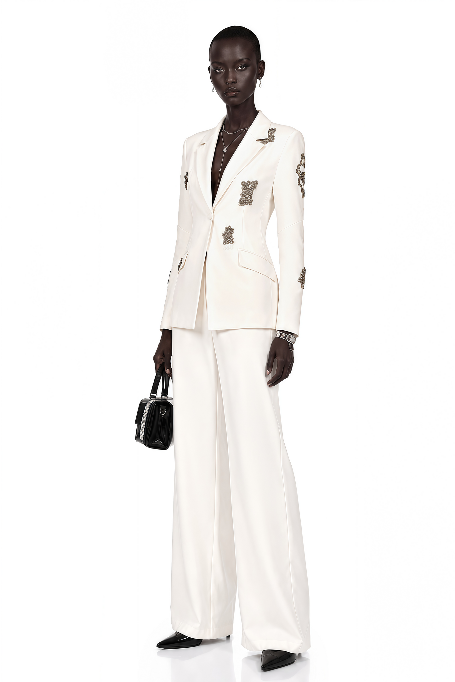 Edvige White Crystal-Embellished Blazer & Trousers Matching Set