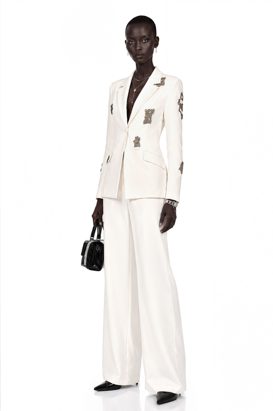 Edvige White Crystal-Embellished Blazer & Trousers Matching Set