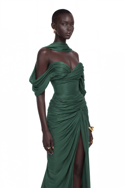 Hazel Green Asymmetrical Draped Maxi Dress