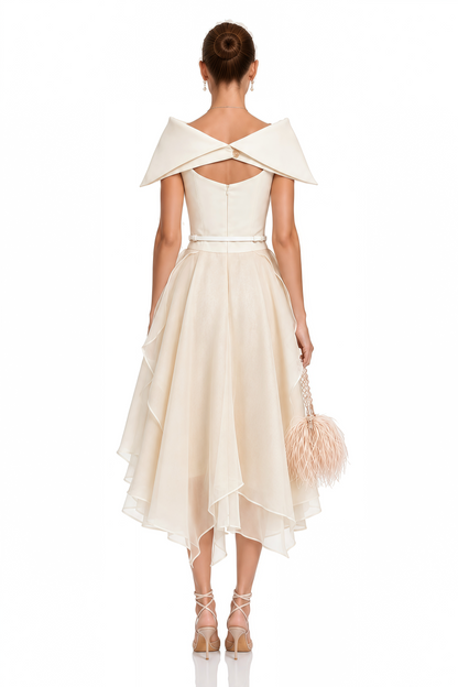 Aria White Asymmetrical Shawl & Tulle Panel Dress Set