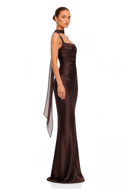 Inmaculada Brown Ruched Satin Maxi Dress (Without Gloves)