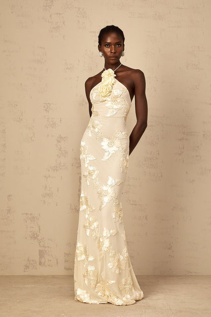 Melanie Neutrals Embroidered Halterneck Maxi Dress